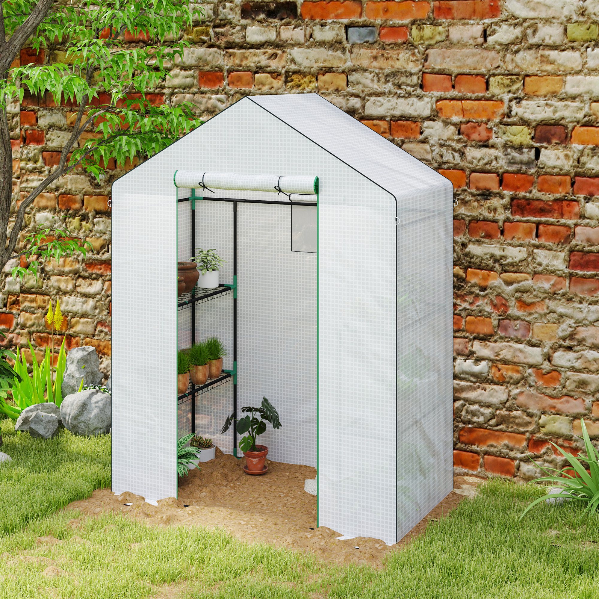 Invernadero de Exterior Invernadero Pequeño de 3 Niveles con 6 Estantes Puerta Enrollable Cubierta de PE y Marco de Acero para Cultivos Plantas Flores 143x74x190 cm Blanco
