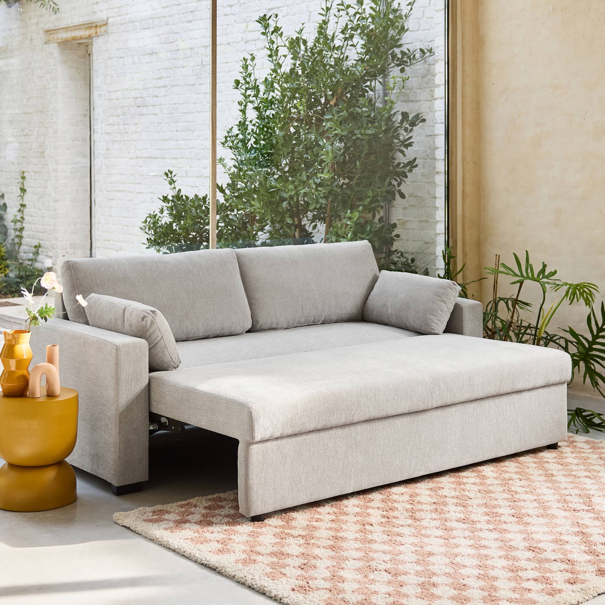 Canapé convertible 3 places tissu chenille gris clair L 211 x P 90 x H 86 cm - Easy