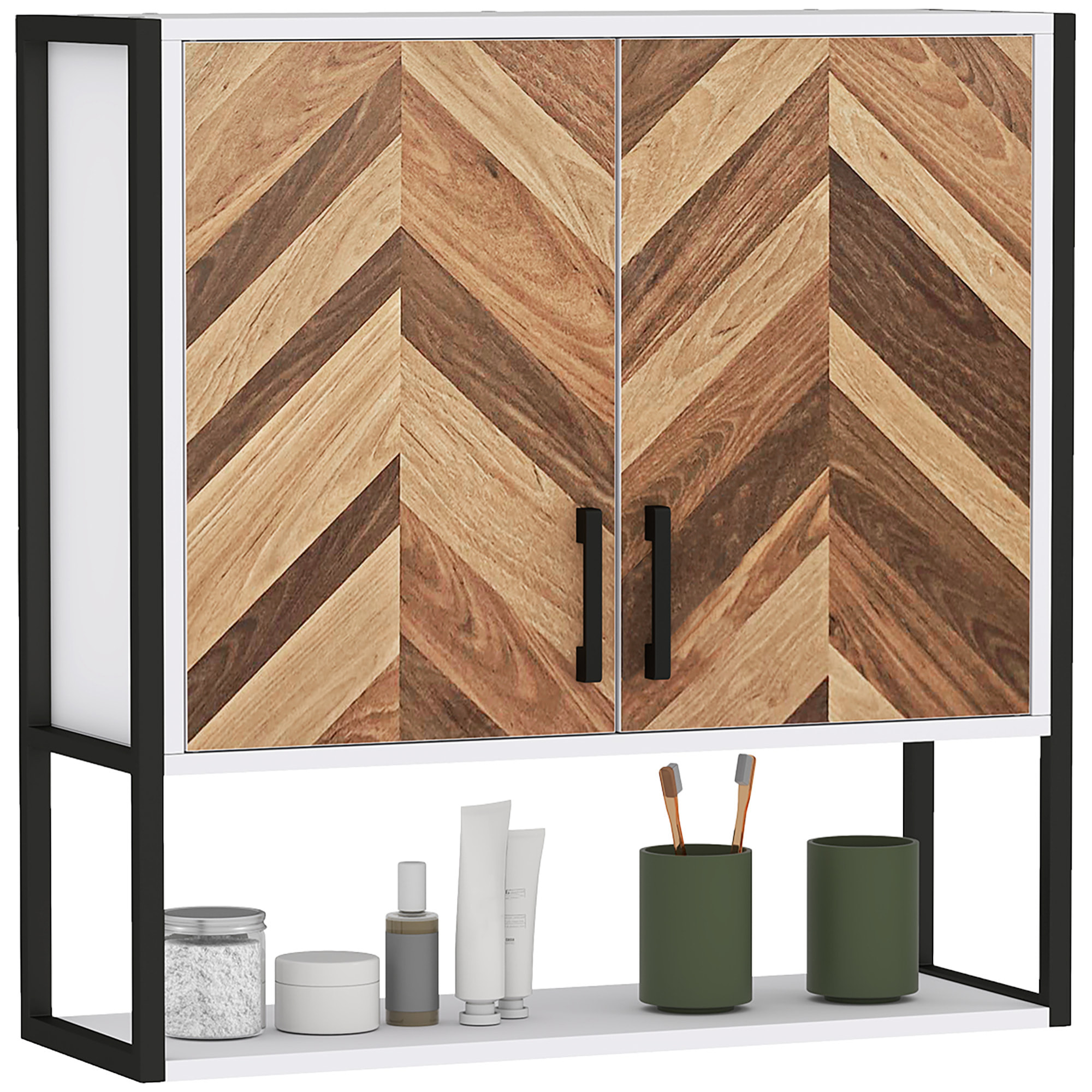 Armario de Pared para Baño Multiusos Mueble de Baño Suspendido Armario Colgante de Almacenamiento con 2 Puertas Estante Ajustable y Estante Abierto 59x20x60 cm Multicolor