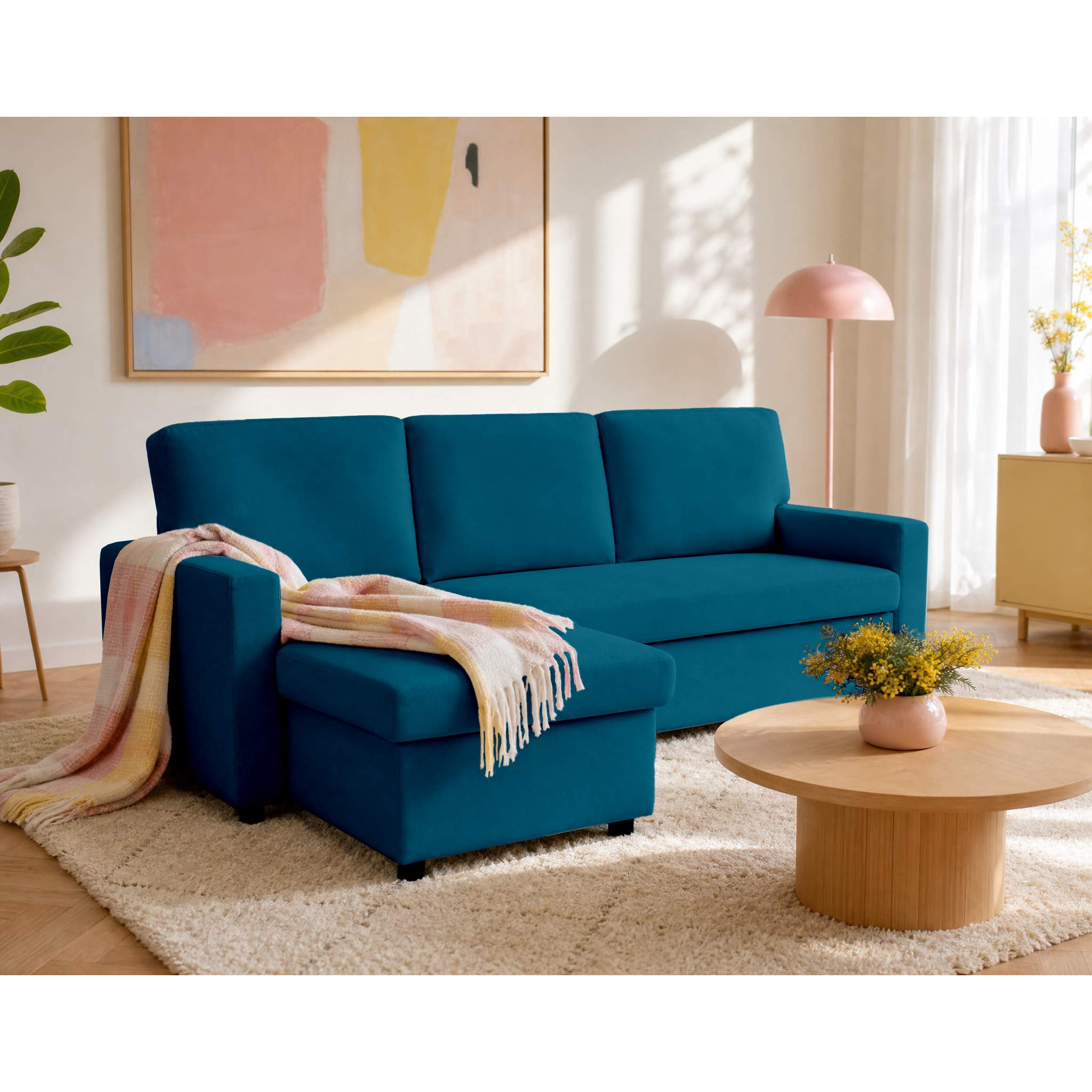 Meiya - canapé d'angle réversible 4 places convertible avec coffre en tissu - Bleu