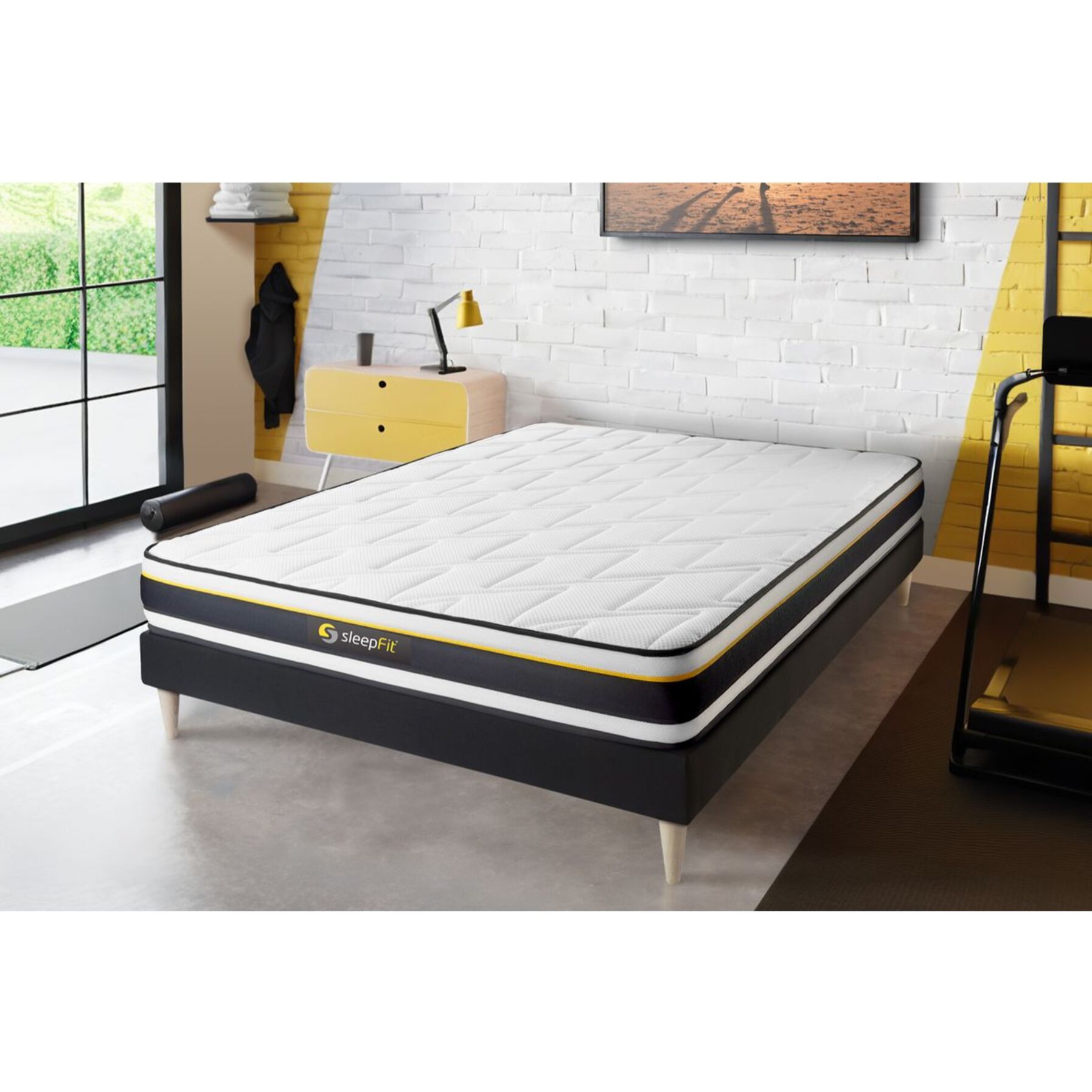 Ensemble Matelas Sommier 90x200 cm - Sommier Noir (en kit) - Soft