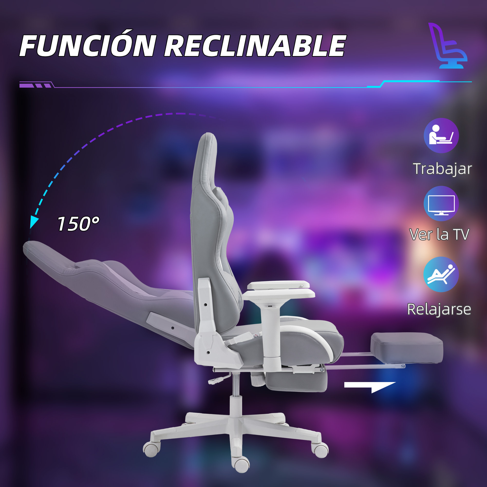 Silla Gaming Silla Gamer Reclinable con Altura Ajustable Reposapiés Retráctil Soporte Lumbar y Reposacabezas Desmontable Silla para Oficina Estudio Gris Claro y Blanco