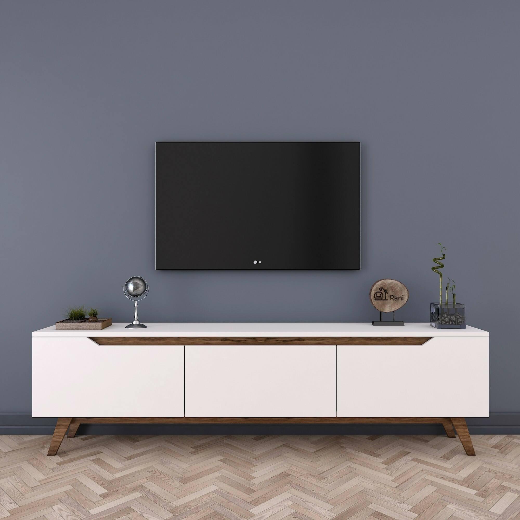 Mobile porta TV Dguidoli, Credenza da soggiorno, Armadio basso per TV, Base parete attrezzata, 180x35h49 cm, Bianco e Noce