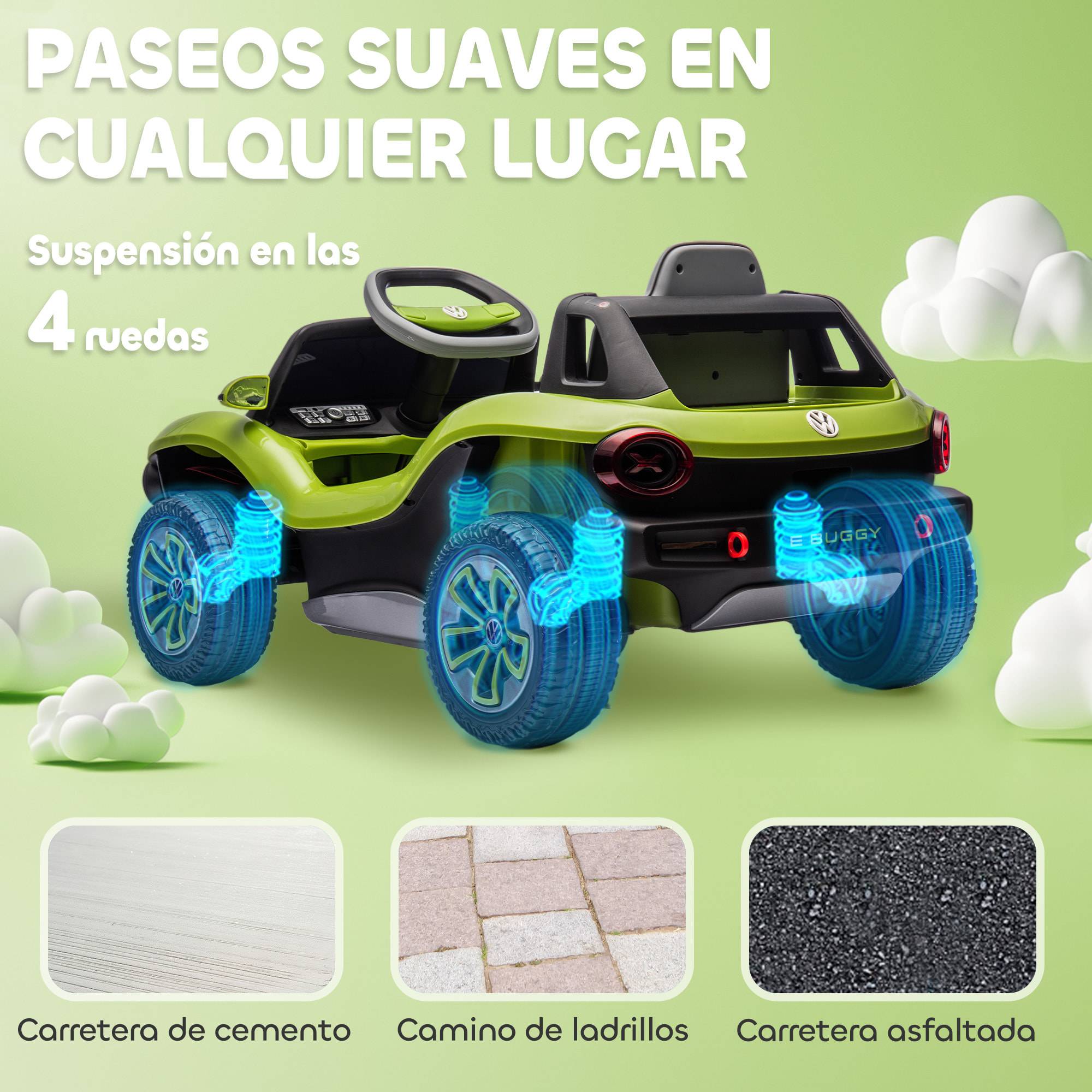 Coche Eléctrico para Niños de +3 Años, Volkswagen E-Buggy, Coche de Batería 12V, con Mando a Distancia 2,4 G, Ruedas con Suspensión, Faros LED, Música, USB, Motor Doble, Verde