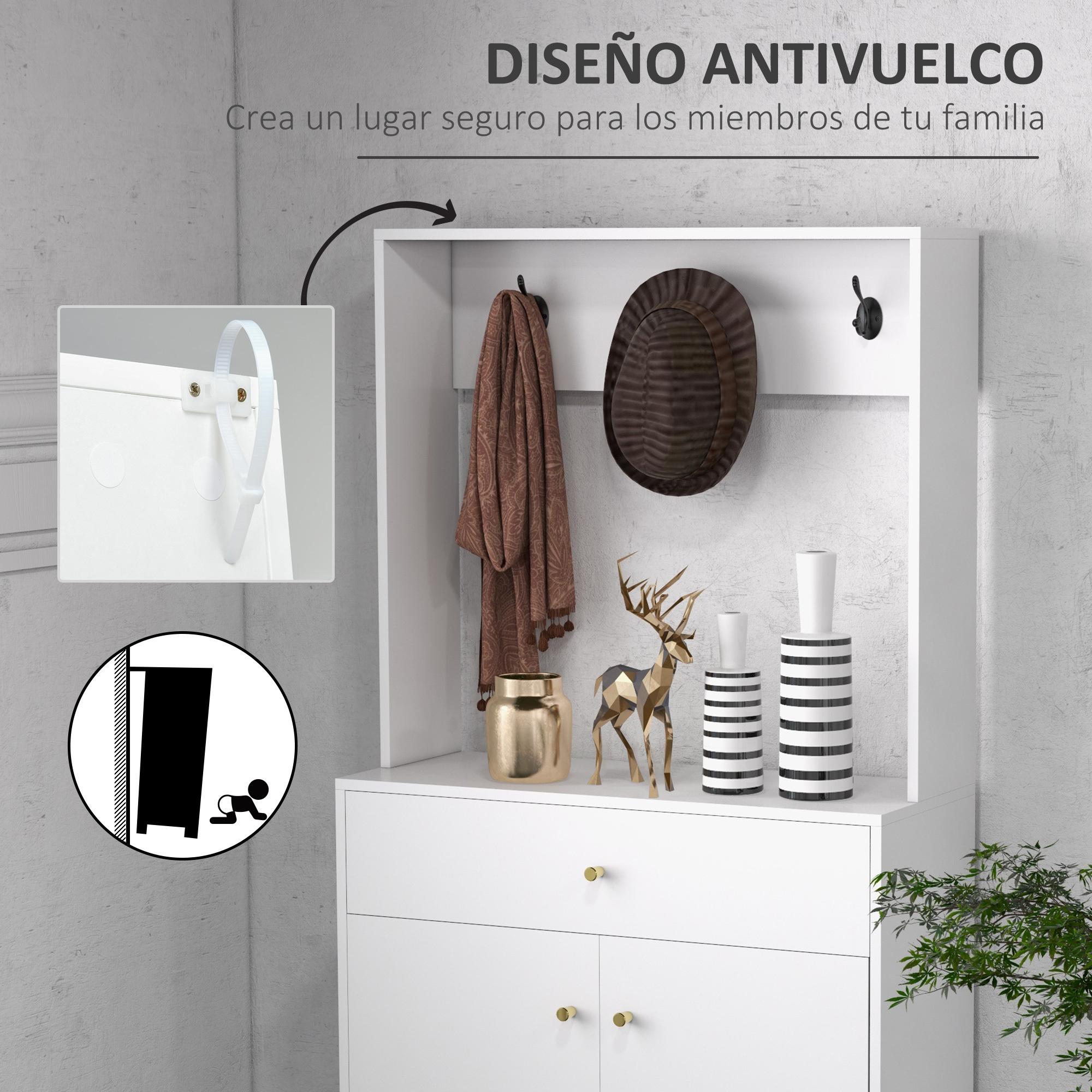 Mueble Zapatero con Perchero Armario de Zapatos con 3 Ganchos Cajón 2 Puertas y Estantes Ajustables para 12 Pares de Zapatos para Pasillo Entrada 80x32x180 cm Blanco