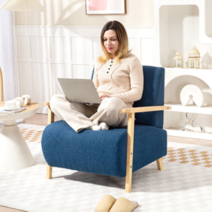Sillón de Salón Tapizado en Borreguito Butaca de Salón de 74,5 cm con Acolchado Grueso Reposabrazos y Patas de Madera para Dormitorio Sala de Estar Azul Oscuro