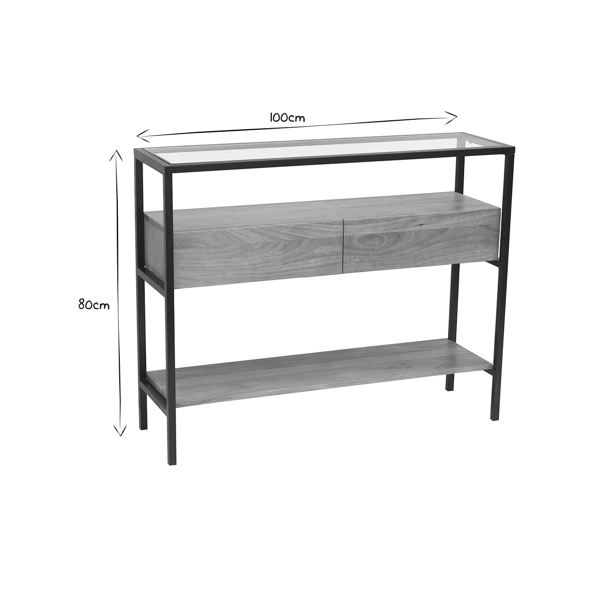 Console en bois manguier massif et plateau en verre 2 tiroirs L100 cm SITA
