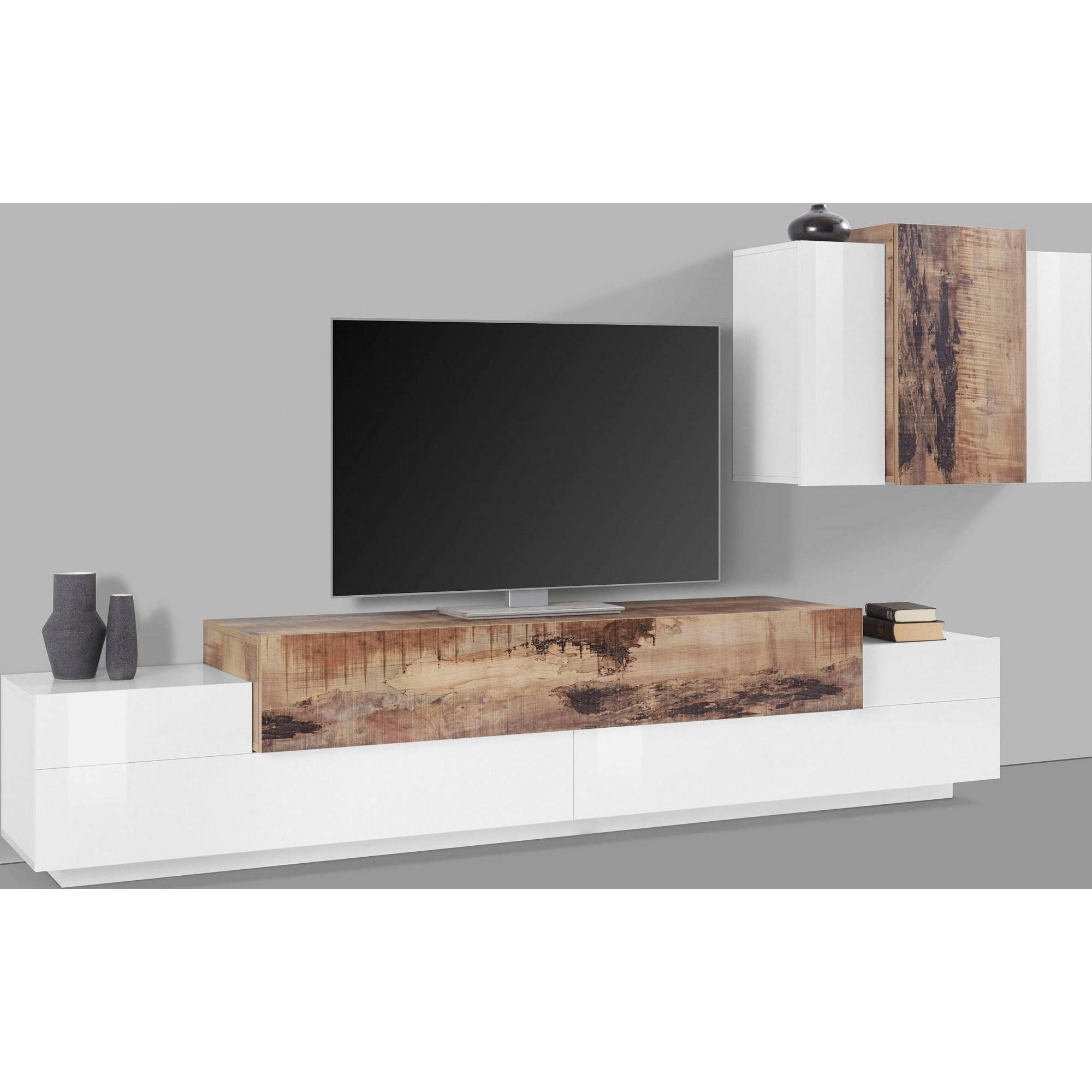 Parete attrezzata da soggiorno modulare, Made in Italy, Base porta TV e pensile sospeso, Set salotto moderno, cm 280x45h180, colore Bianco lucido e Acero