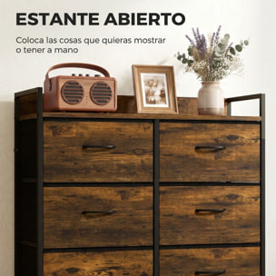 Cómoda con 6 Cajones de Tela Plegables, Cómoda para Dormitorio Industrial con Estante Abierto, Marco de Acero, Cajonera para Espacios Pequeños, Sala de Estar, Vestidor, Baño, Marrón Rústico