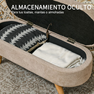 Banco Pie de Cama Banco de Almacenaje con Patas de Madera y Asiento Acolchado Carga 120 kg Puff Almacenaje Ovalado para Dormitorio Entrada Pasillo Beige