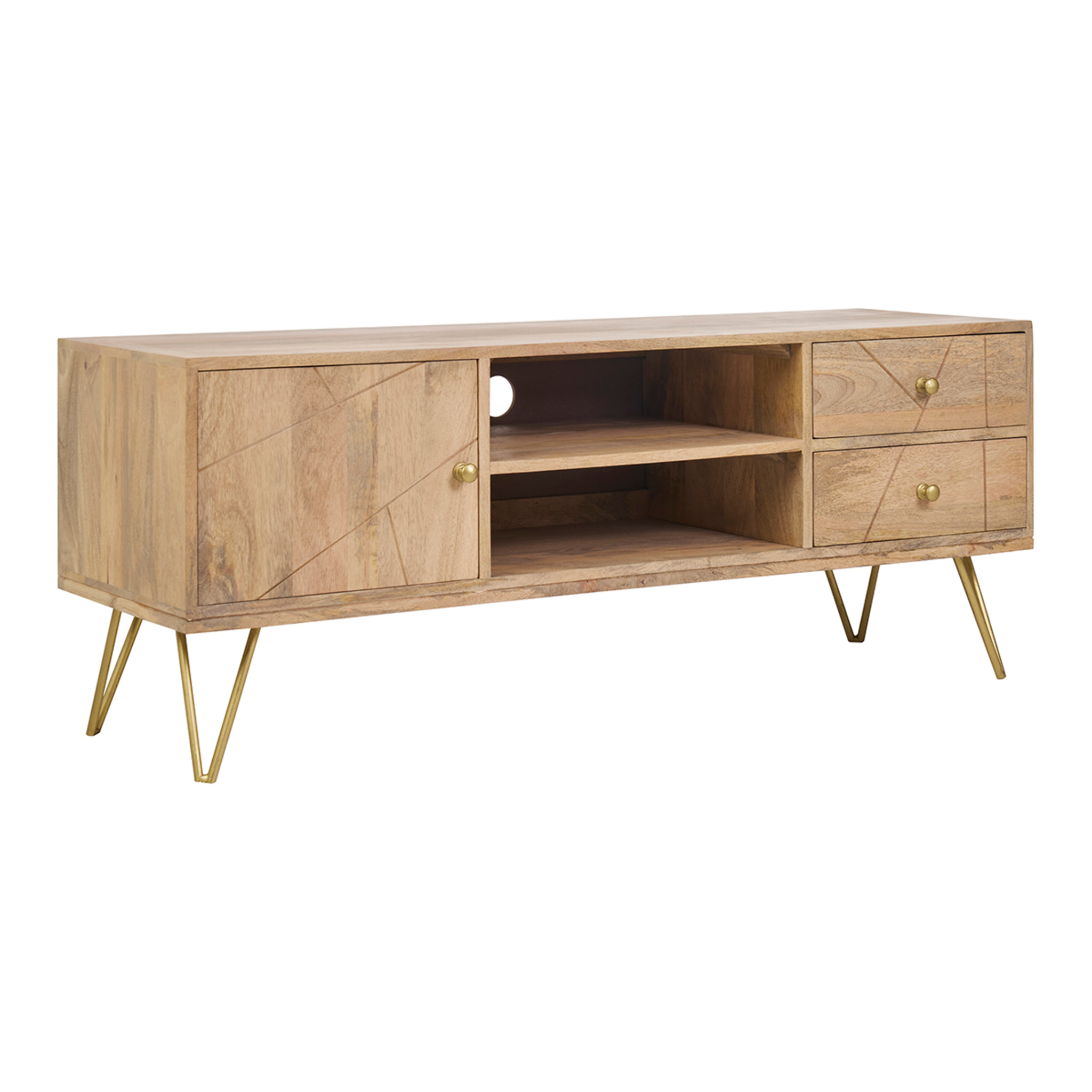 Meuble TV gravé en bois manguier massif et métal L130 LINIUM