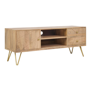 Meuble TV gravé en bois manguier massif et métal L130 LINIUM