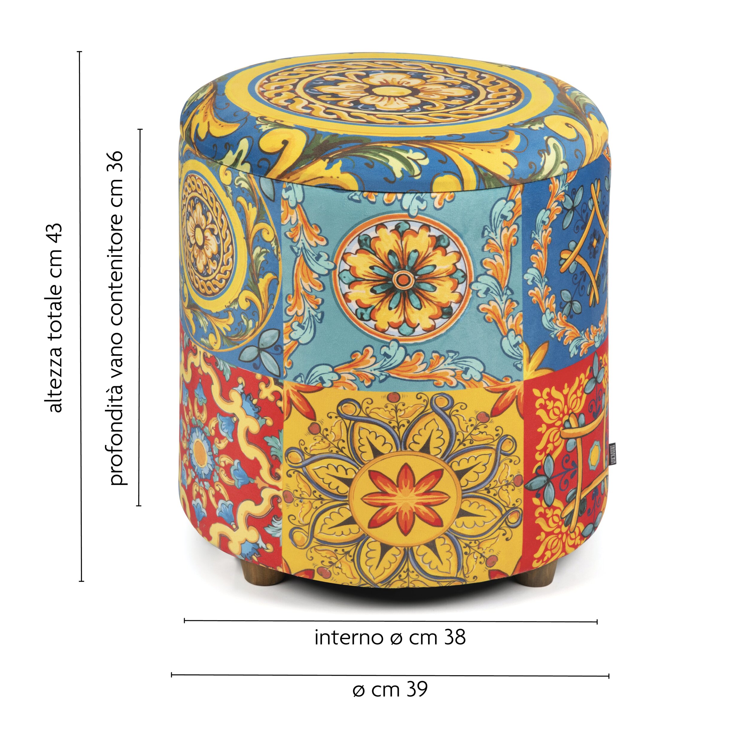 Pouf contenitore Excelsa Trinacria in velluto e legno 39x39x43 cm multicolore