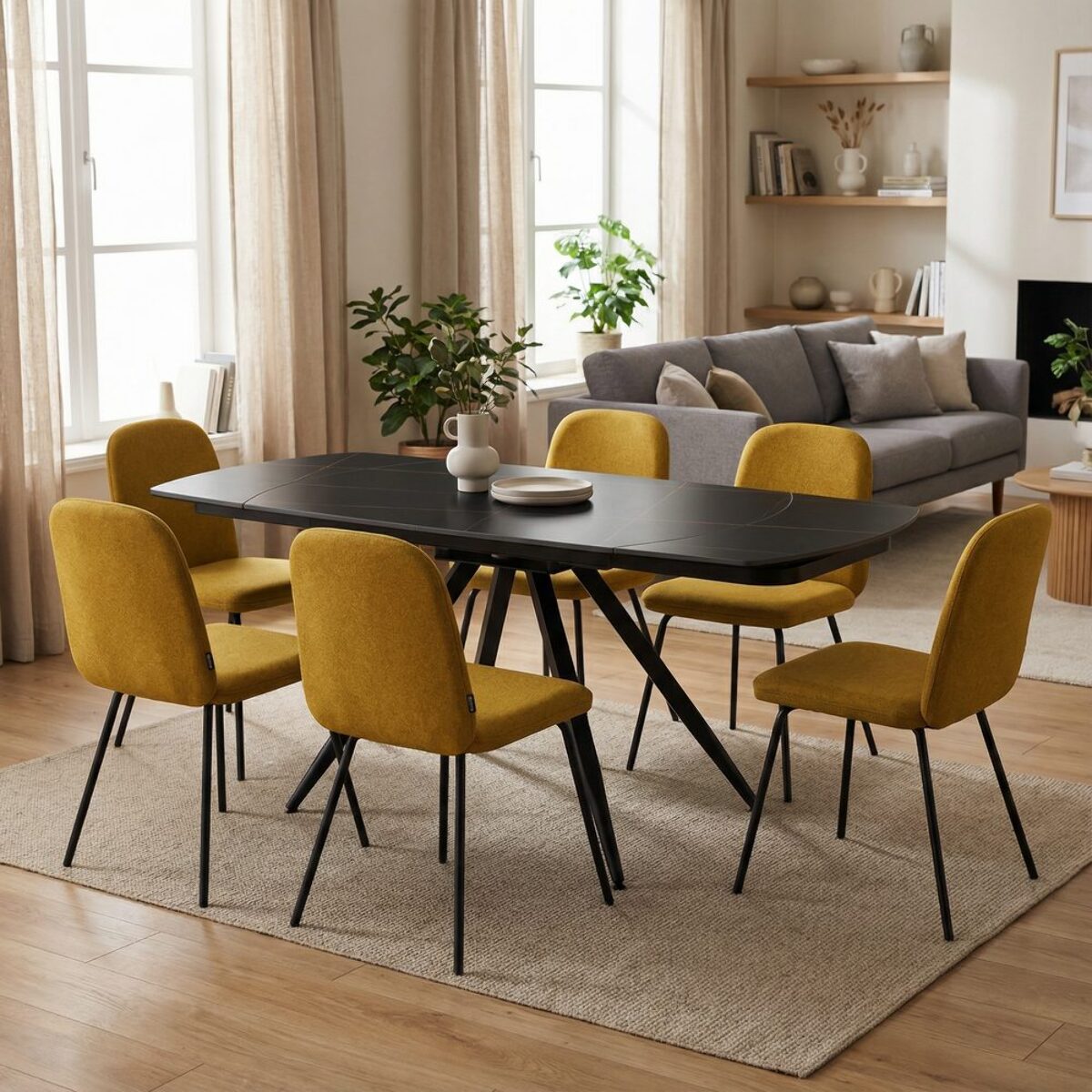 Sedie moderne in tessuto ocra con gambe nere - Karen