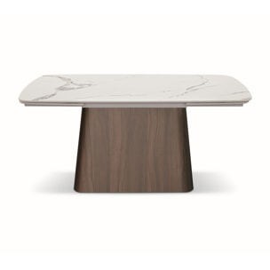 Tavolo MALTA in vetroceramica effetto marmo statuario, allungabile con base noce 160×90 cm – 240×90 cm