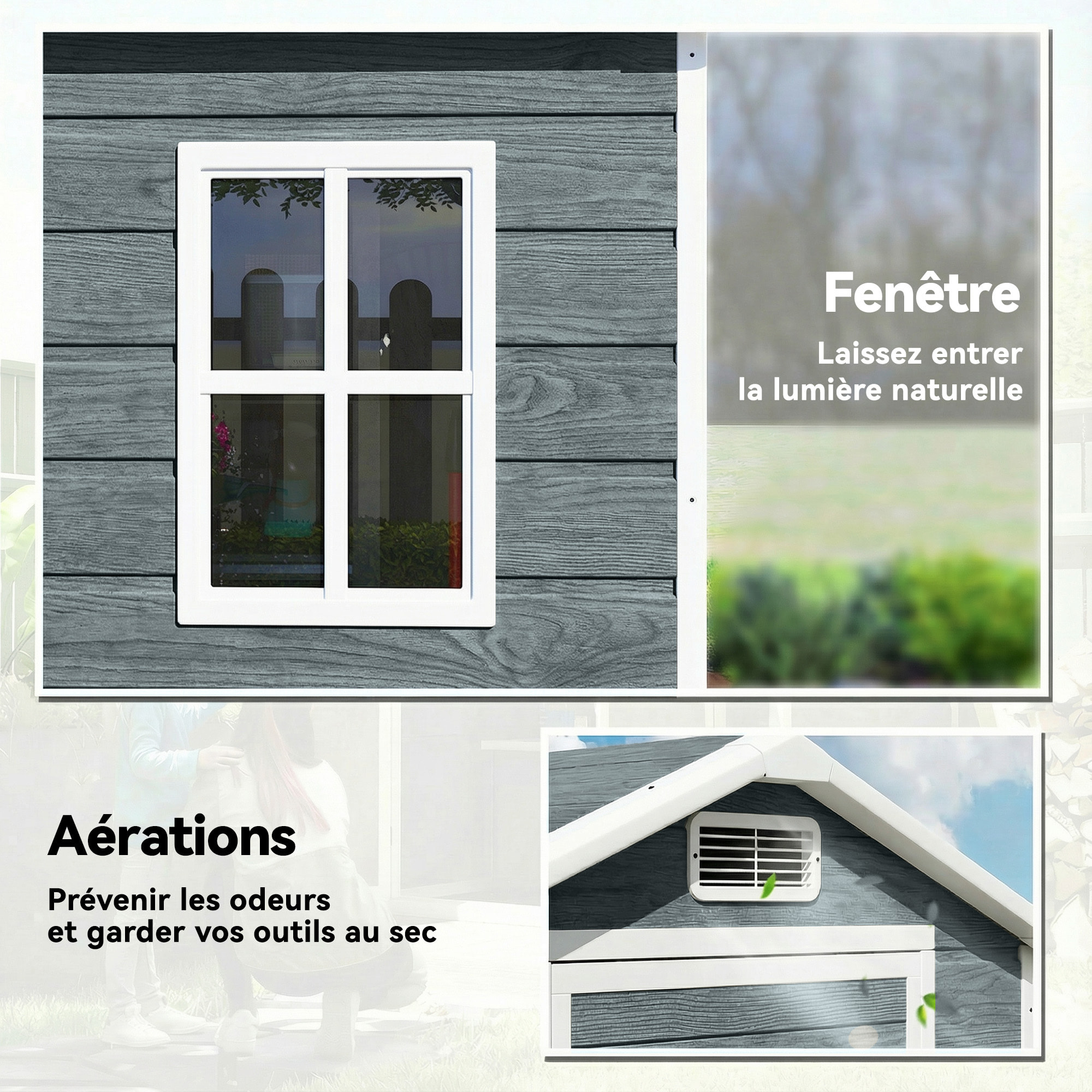 Abri de jardin 1,09 m² porte verrouillable plancher fenêtre aération résine PP effet bois gris blanc