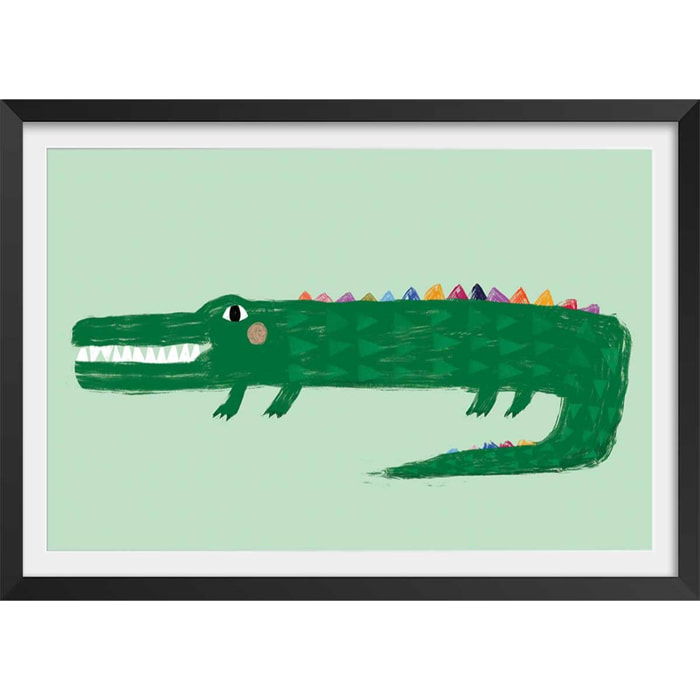 Affiche enfant crocodile vert  Affiche + cadre en bois - Noir