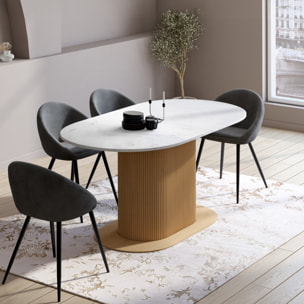 Table à manger extensible Maria effet marbre blanc et pied lattes 160-200cm