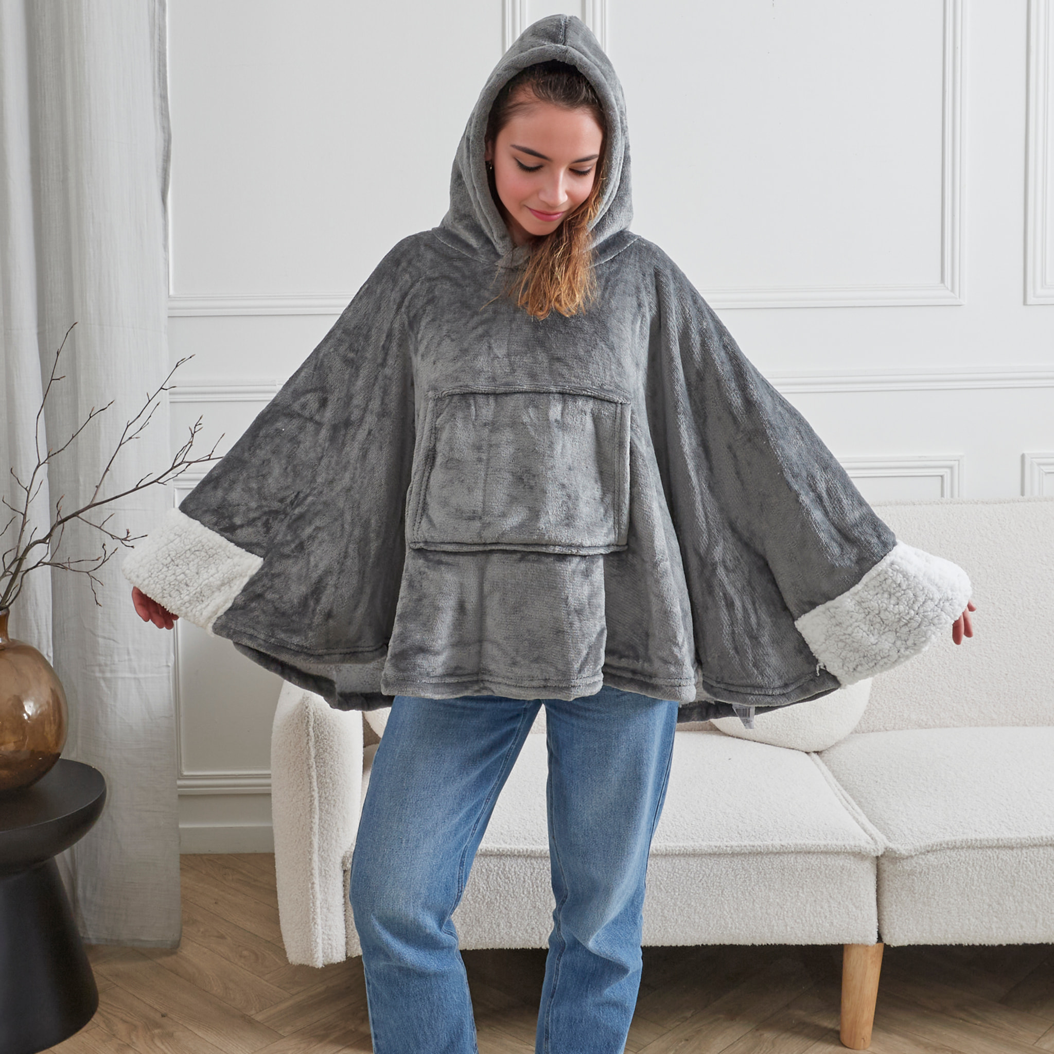 Poncho Plaid - HOME DECO FACTORY - Confortable - Doux - Gris