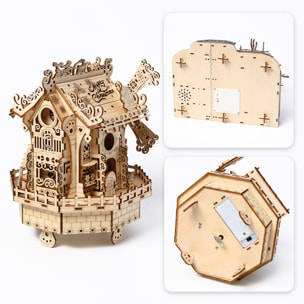 Maqueta de Madera 3D, con movimiento mecánico diseño cabaña élfica con luz y música. 140 piezas.