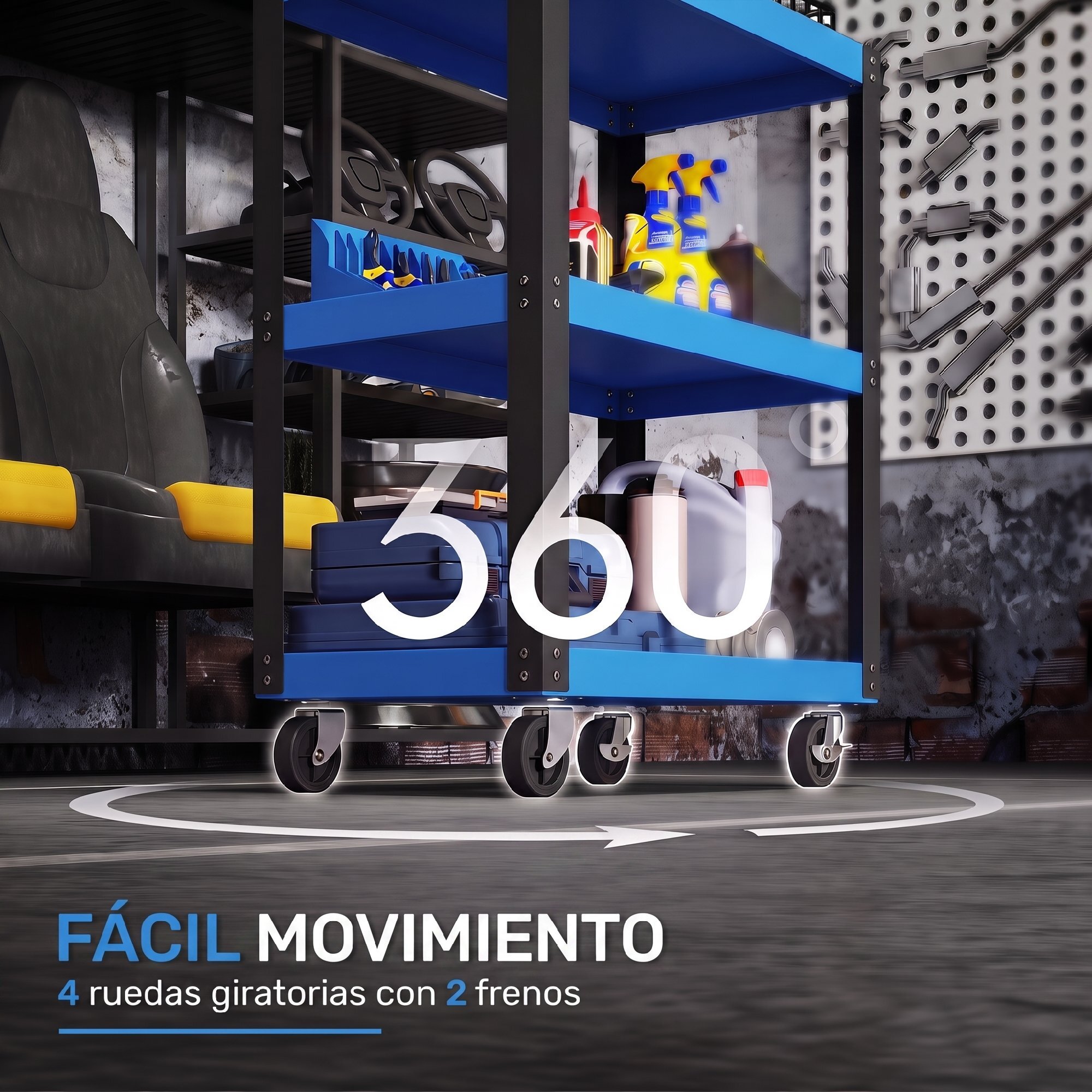 HOMCOM Carro de Taller, Carro de Herramientas con 3 Estantes, Ruedas con Frenos y Asa Lateral, para Garaje Mecánico, Hogar, Carga 120 kg, Azul