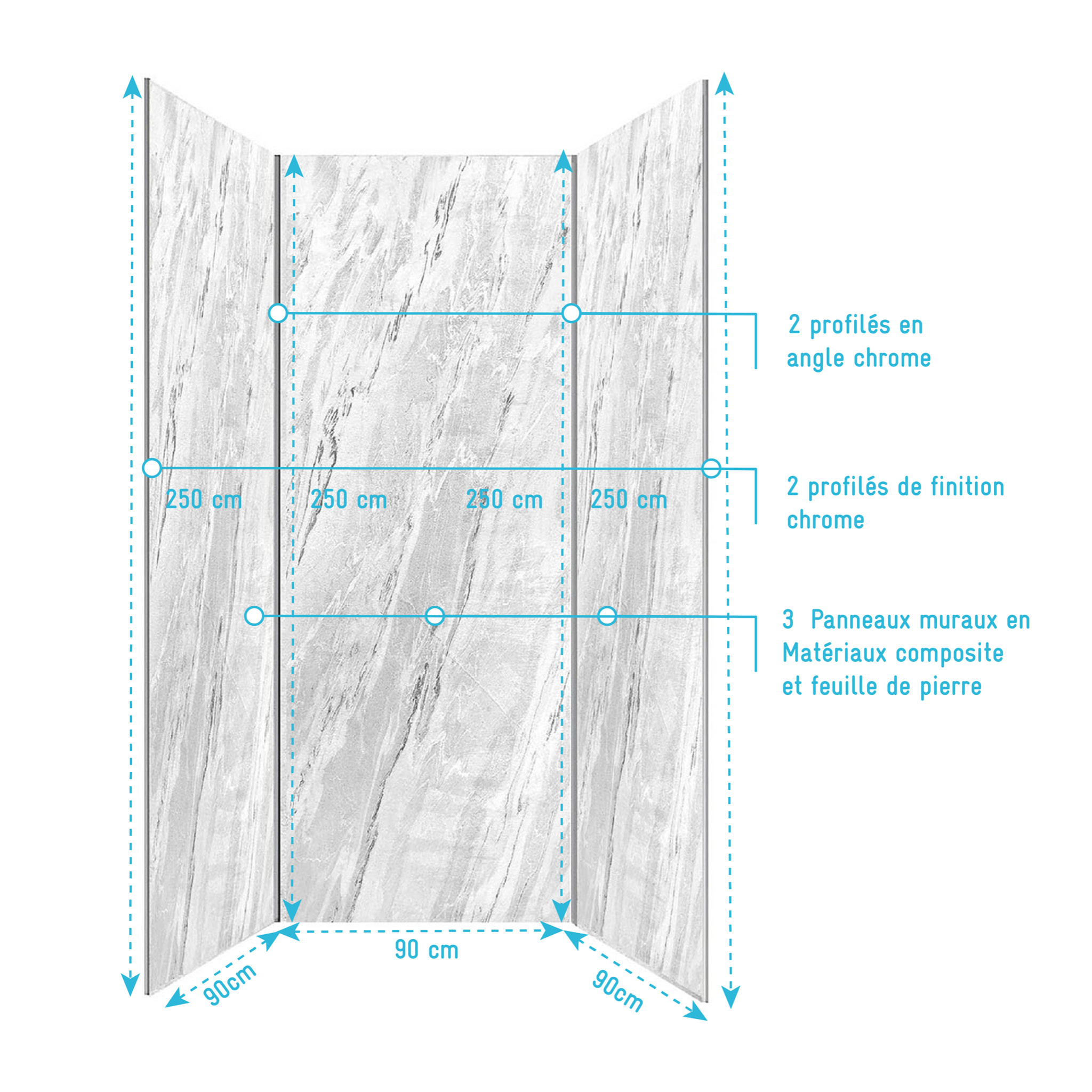 Pack 3 Panneaux Muraux Pierre Artic Storm 90x250 cm + Profilés Chrome - STONE'IT