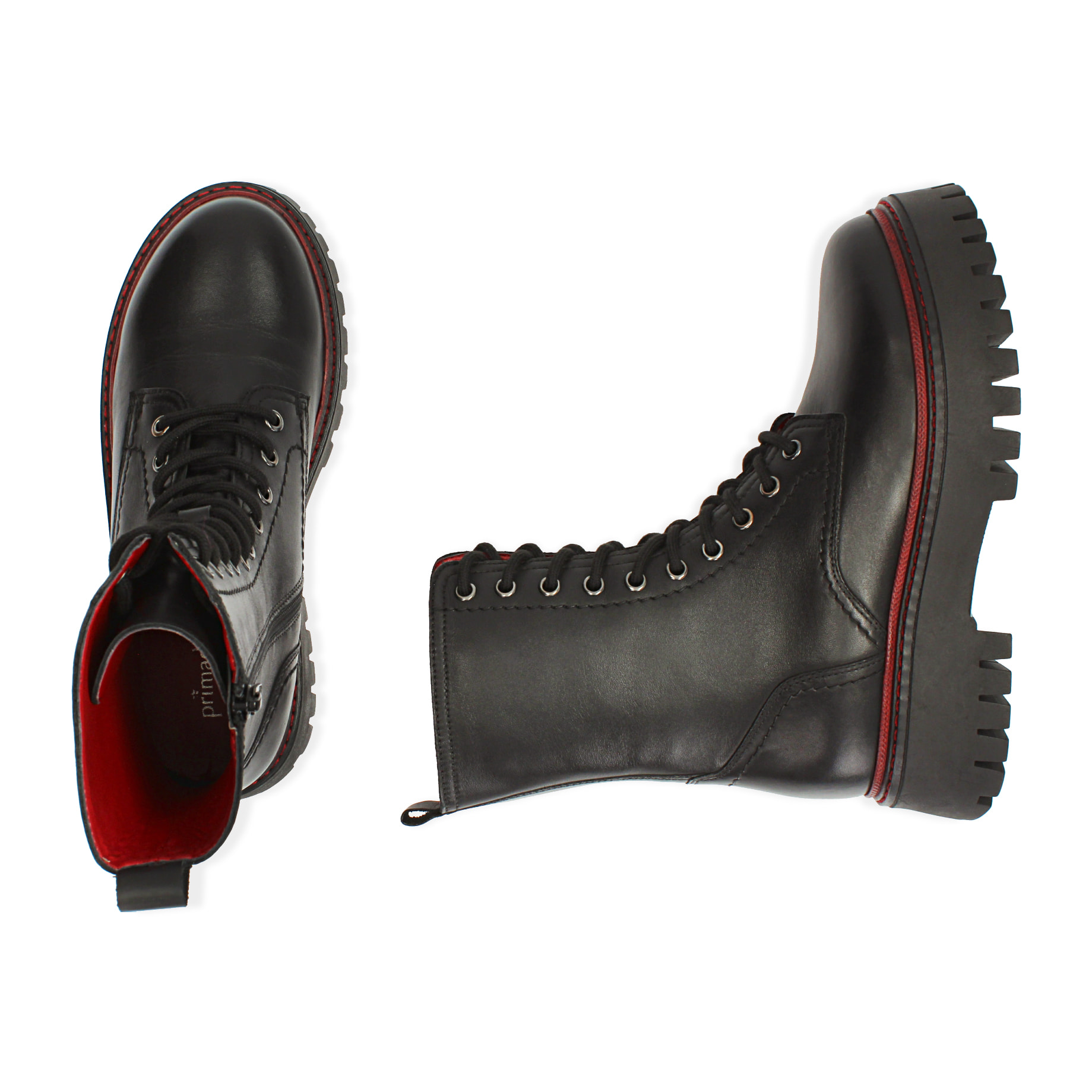 Botas militares de piel negro/rojo, tacón 4,5 cm.