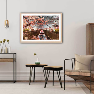 Affiche photo cerisiers et hanami à tokyo Affiche + cadre en bois - Chêne