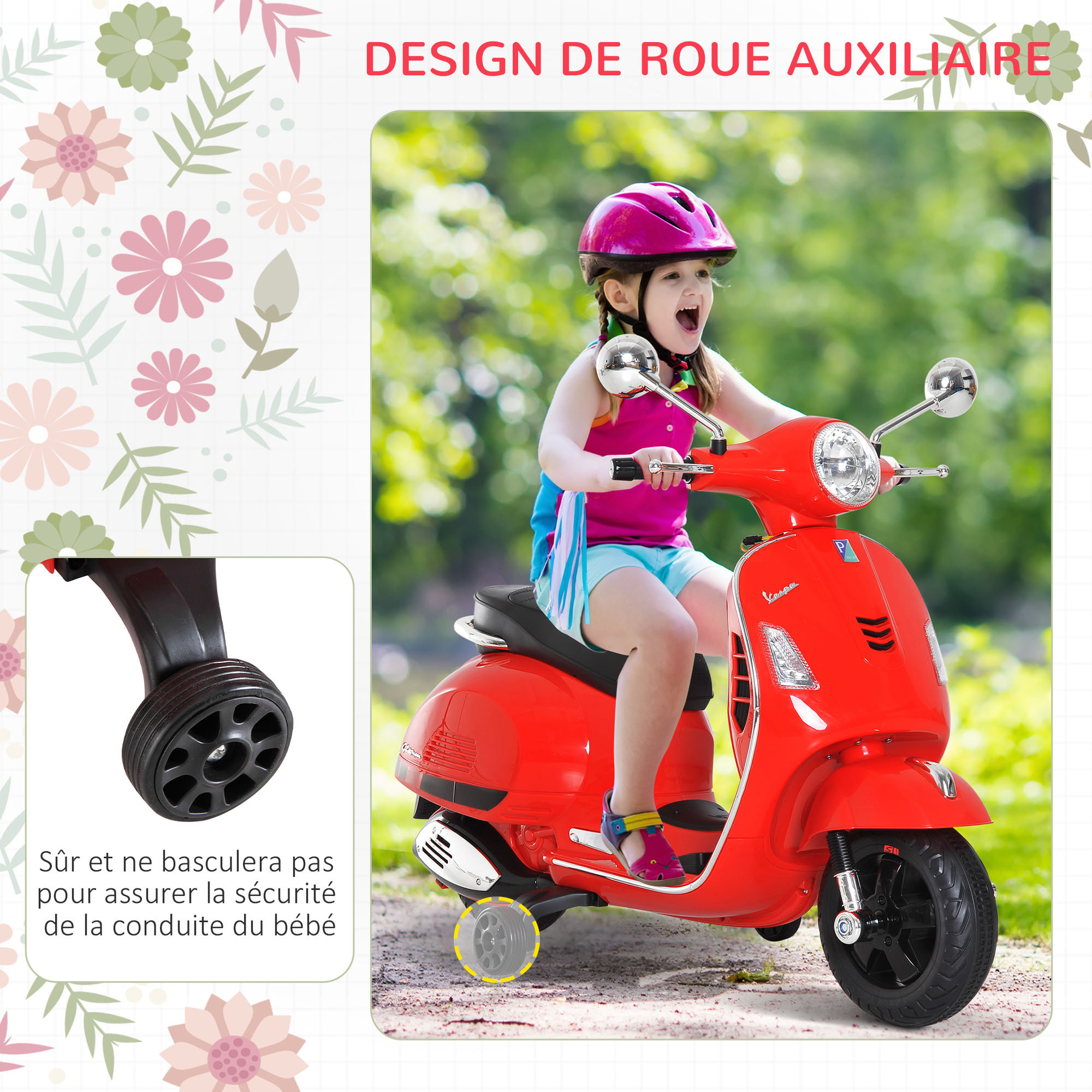 Scooter moto électrique enfants 6 V dim. 102L x 51l x 76H cm musique MP3 port USB klaxon phare feu AR rouge Vespa