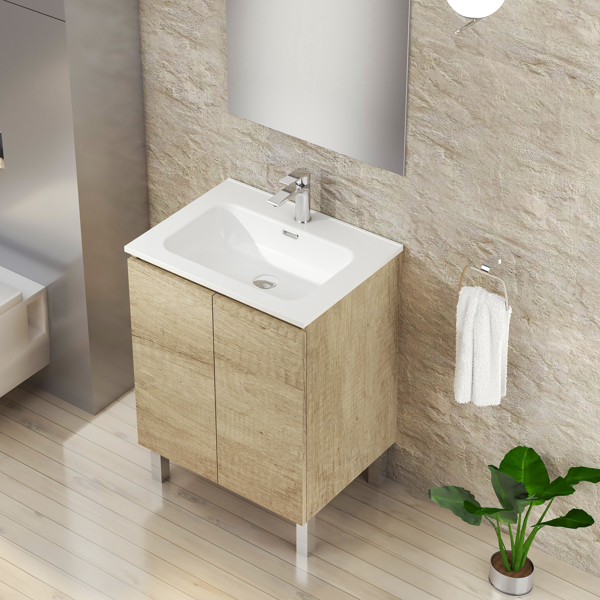 Ensemble de Salle de Bain Lust | 60 cm Nature | Deux Portes | Lavabo Encastré | N'inclut pas le Miroir | Meuble Assemblé | Alday