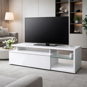 Mobile TV Con Mensola In Vetro 3 Vani A Giorno E Anta Senza Maniglie Parete Attrezzata Salotto Soggiorno Design Minimal 160 x 41 x 45 Cm Bianco