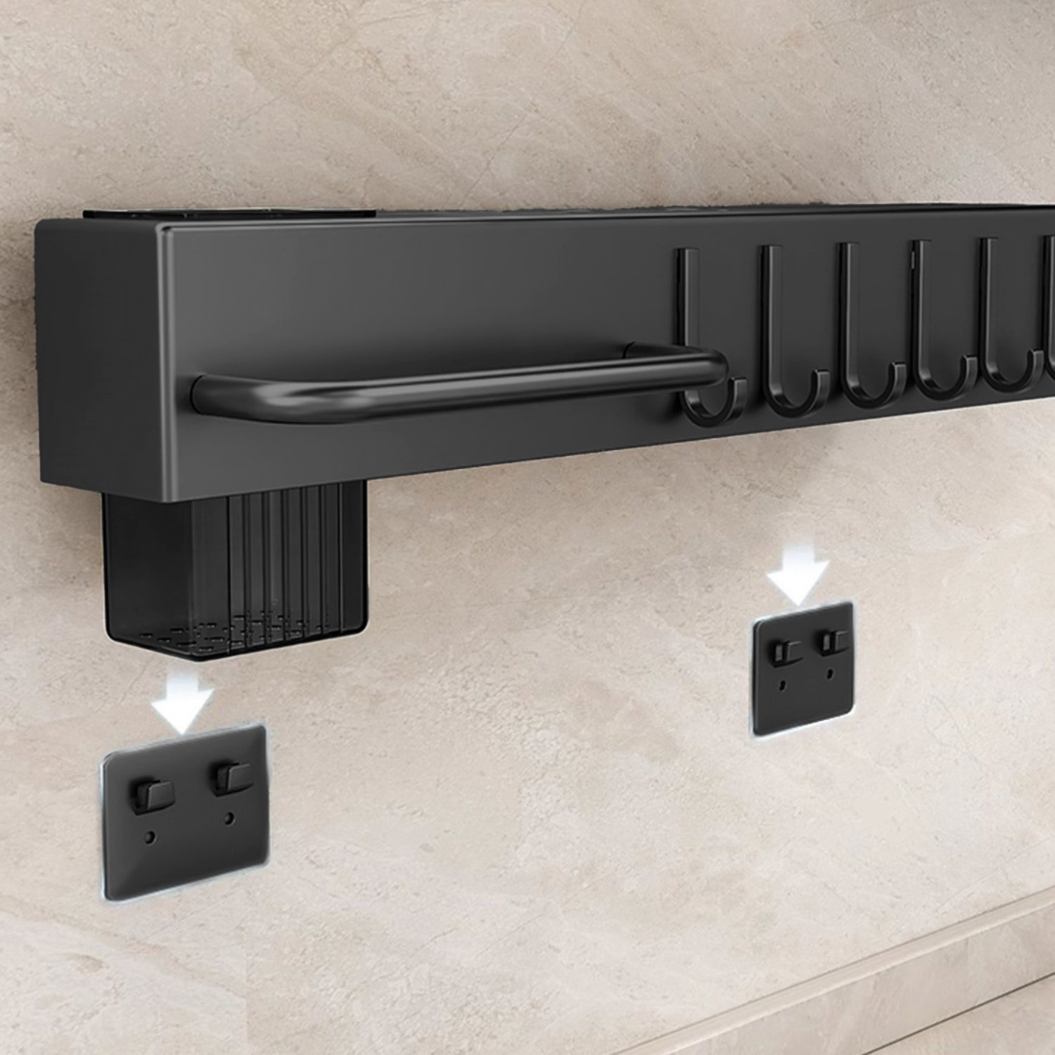 Soporte metálico multifuncional para pared con montaje mediante pegamento o tornillos. Organiza utensilios de cocina de forma práctica, con múltiples compartimentos, ganchos y ranuras para cuchillos.