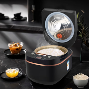 Cuociriso elettrico a calore tridimensionale e 900W. Funzioni e programmi di cottura preimpostati. Ciotola antiaderente a 5 strati con capacità di 5L.