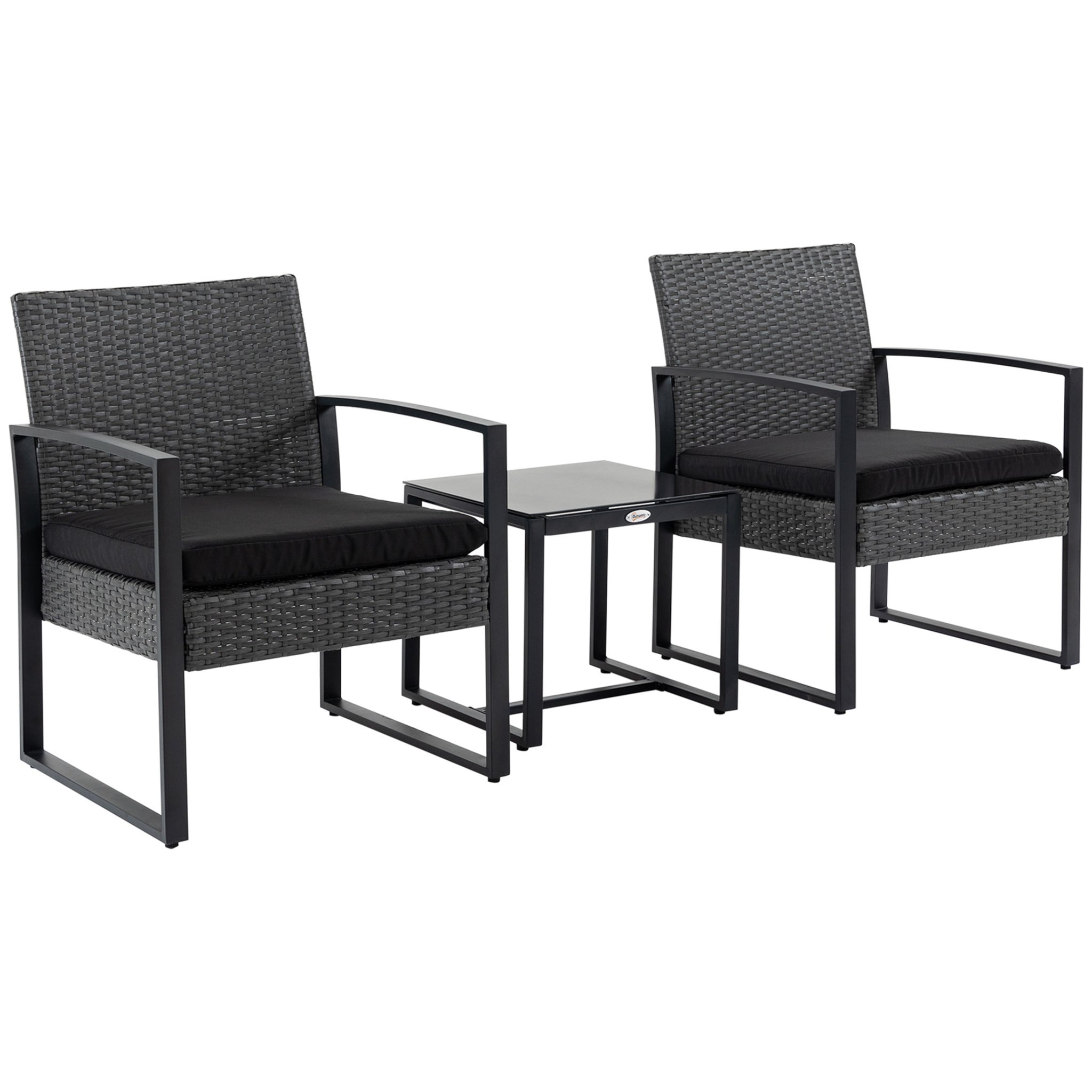 Conjunto de Jardín Exterior de 3 Piezas Juego de 2 Sillas y Mesa de Ratán con Cojines Acolchados y Encimera de Vidrio para Balcón Terraza Gris y Negro