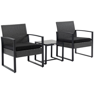 Conjunto de Jardín Exterior de 3 Piezas Juego de 2 Sillas y Mesa de Ratán con Cojines Acolchados y Encimera de Vidrio para Balcón Terraza Gris y Negro