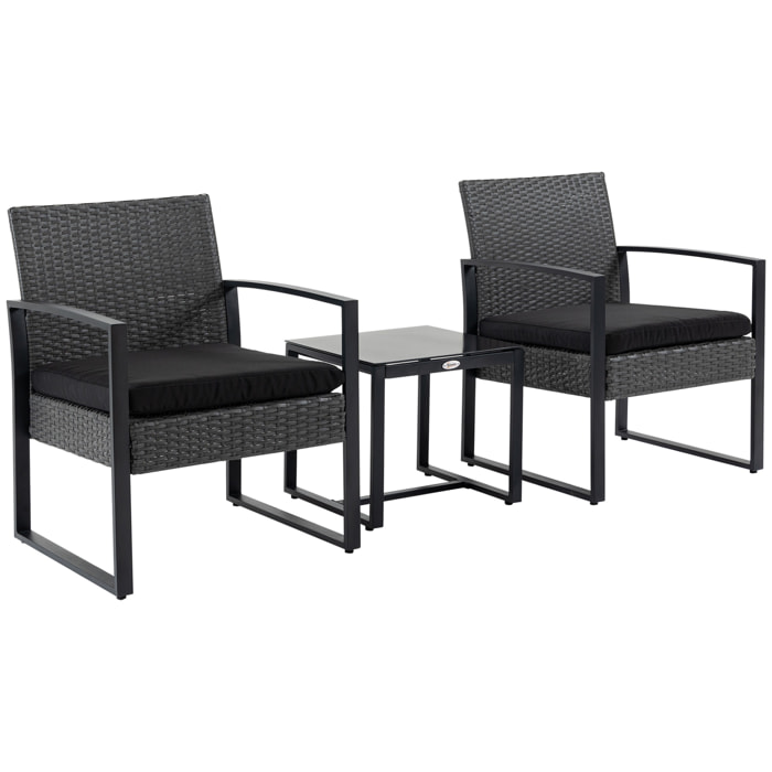 Conjunto de Jardín Exterior de 3 Piezas Juego de 2 Sillas y Mesa de Ratán con Cojines Acolchados y Encimera de Vidrio para Balcón Terraza Gris y Negro