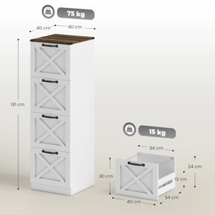 Cajonera Escritorio con 4 Cajones, Cajonera de Oficina, Mueble Archivador, Soporte para Impresora, con Riel Colgante para A4 y Carta, 40x40x131 cm, Blanco