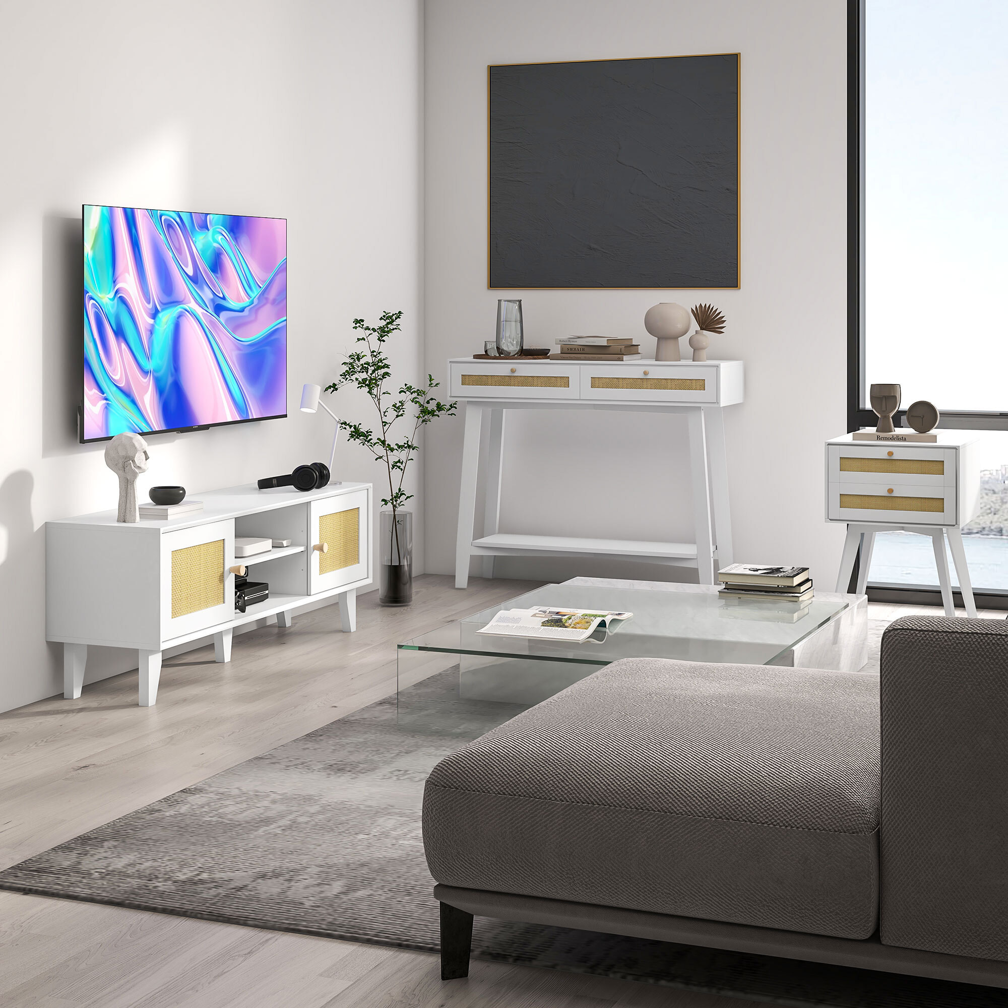 Conjunto para el Hogar Incluye 1 Mueble de TV para Televisores de hasta 55 Pulgadas 1 Mesa Consola y 1 Mesita de Noche Estilo Bohemio Blanco