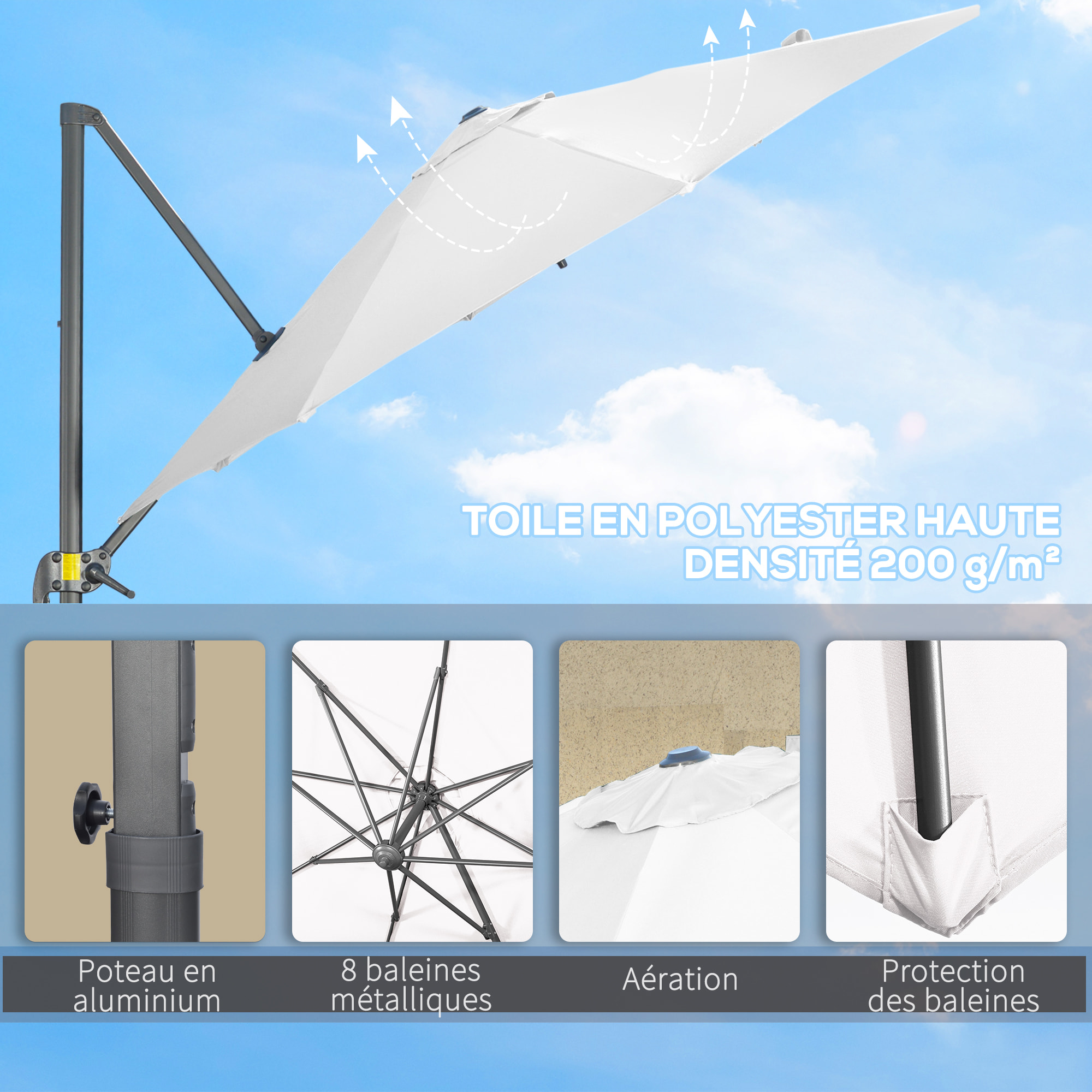 Parasol déporté octogonal inclinable manivelle avec pied en acier Ø 2,94 x 2,48H m blanc