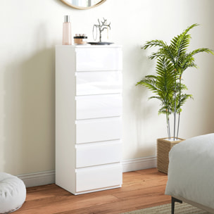 Cómoda 6 Cajones, Cómoda Dormitorio Estrecha de Blanco Brillo, Sinfonier, Ahorro Espacio, Cajonera para Sala de Estar, Comedor, Entrada, 40x35x109 cm