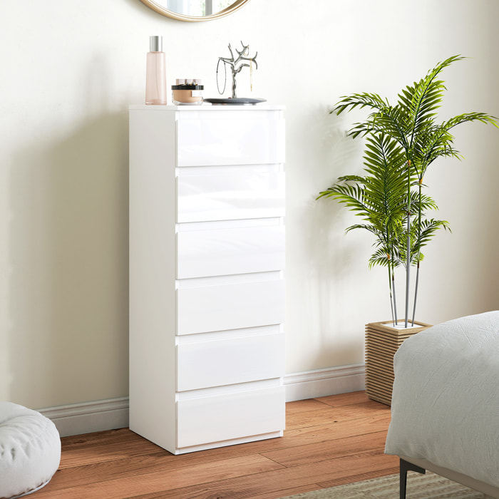 Cómoda 6 Cajones, Cómoda Dormitorio Estrecha de Blanco Brillo, Sinfonier, Ahorro Espacio, Cajonera para Sala de Estar, Comedor, Entrada, 40x35x109 cm