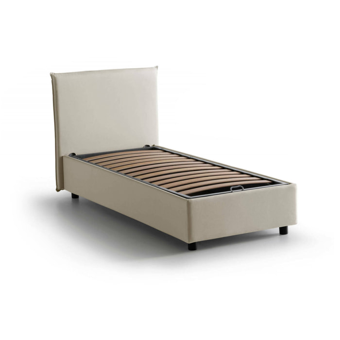 Letto singolo Shana, Letto contenitore con rivestimento in tessuto, 100% Made in Italy, Apertura frontale, adatto per materasso Cm 80x200, Beige