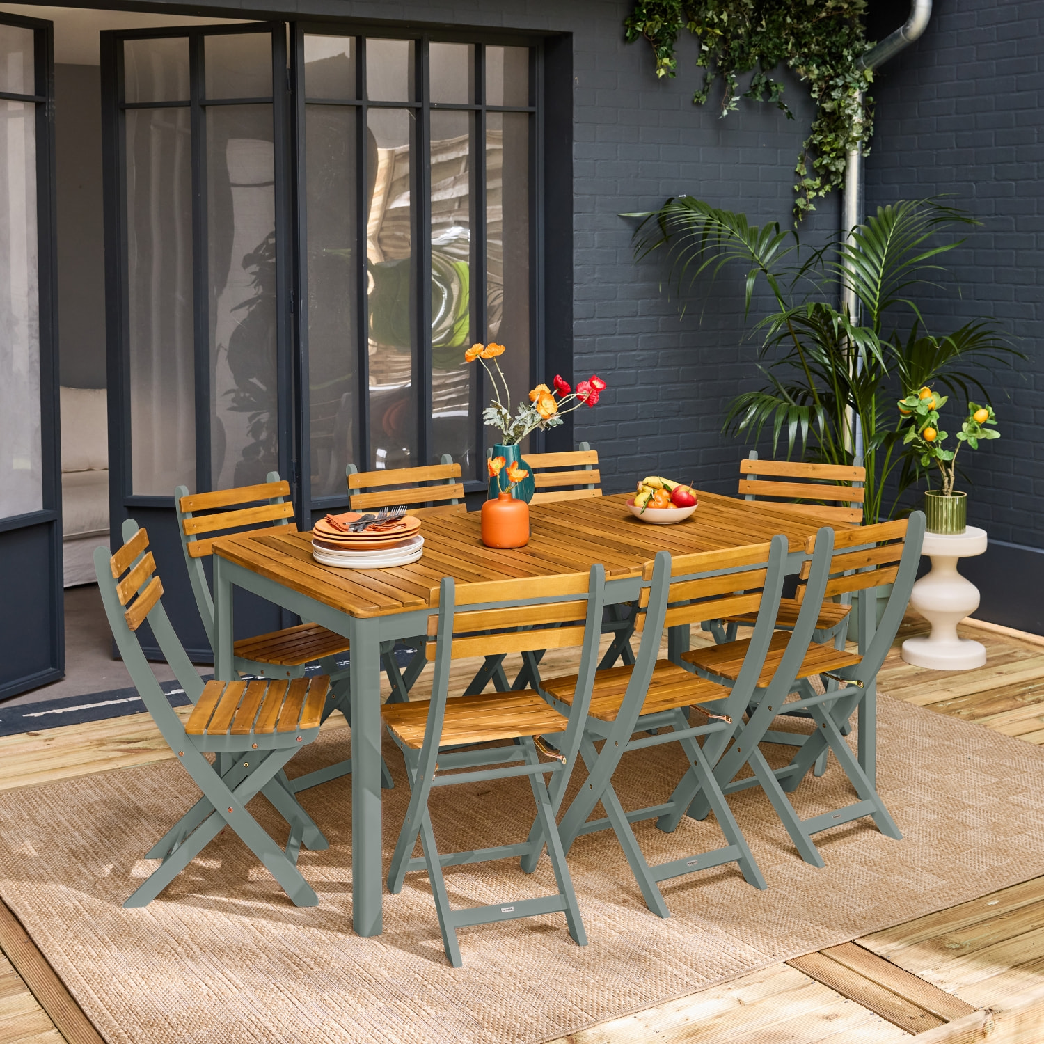 Table de jardin acacia avec coins arrondis + 8 assises kaki. 160 x 90 x 75 cm