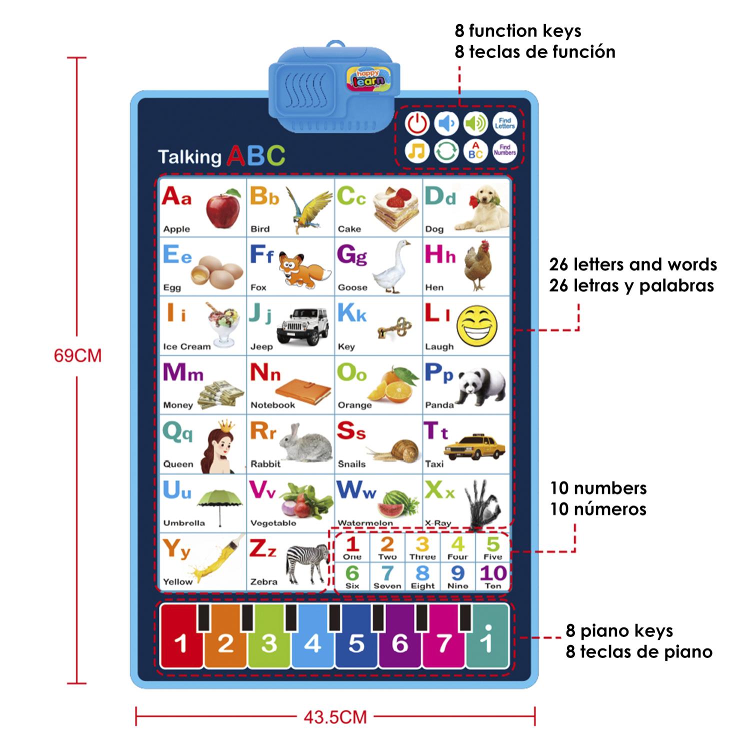 Alfabeto elettronico interattivo per imparare l'inglese, parlare di ABC e poster musicali. Giocattolo educativo per bambini piccoli. Divertimento per bambini all'asilo, all'asilo.