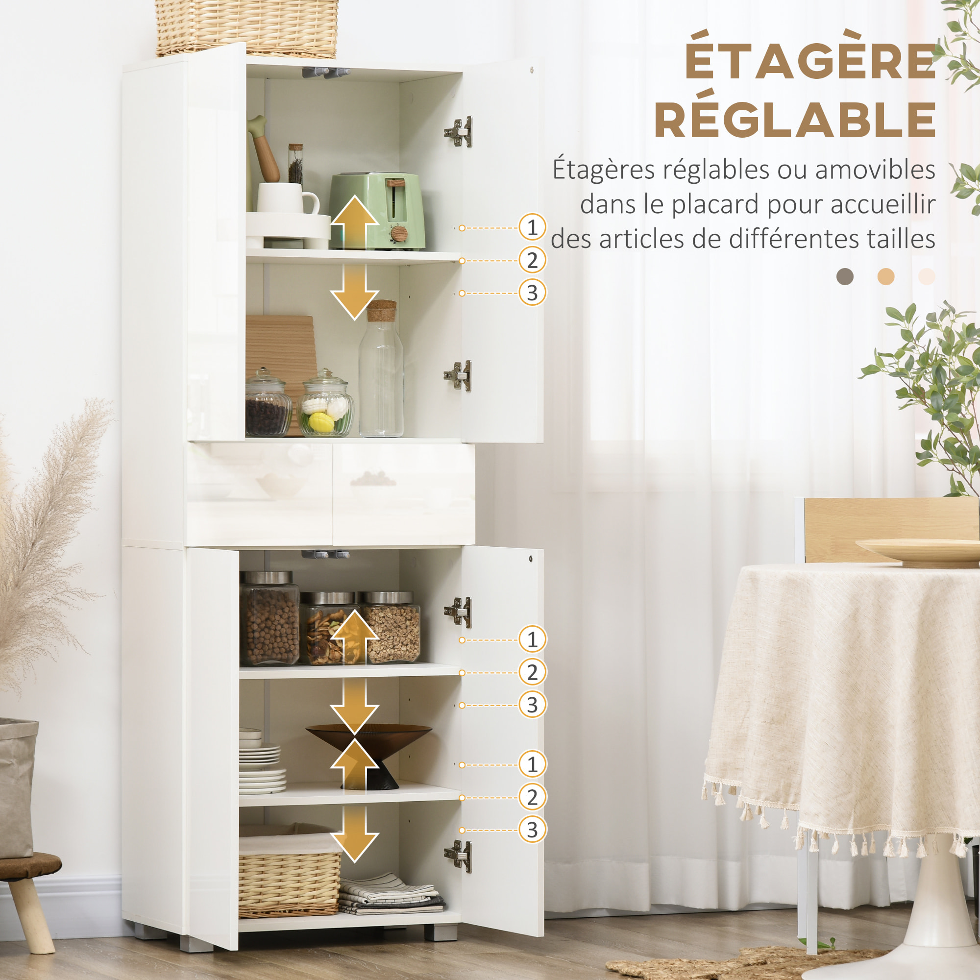 Buffet haut de cuisine blanc laqué style contemporain - 4 portes, 3 étagères réglables, 2 tiroirs