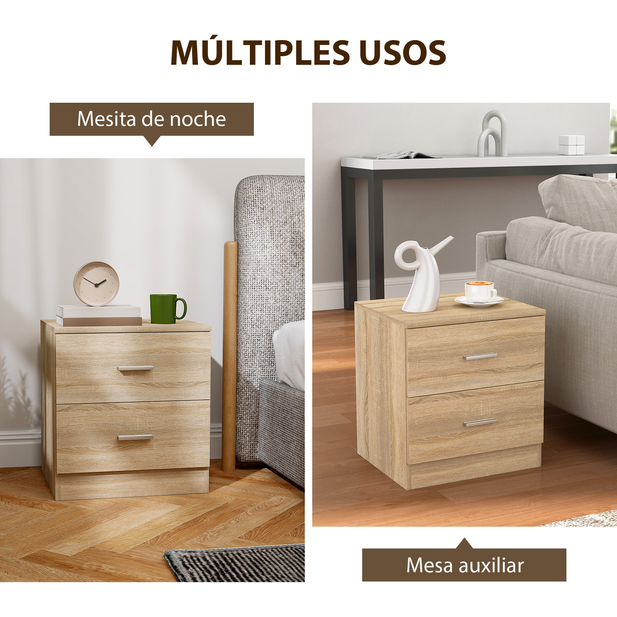 Mesita de Noche Moderna Mesilla de Noche con 2 Cajones Mesita Auxiliar para Salón Dormitorio Carga 30 kg 45x39,5x49 cm Natural