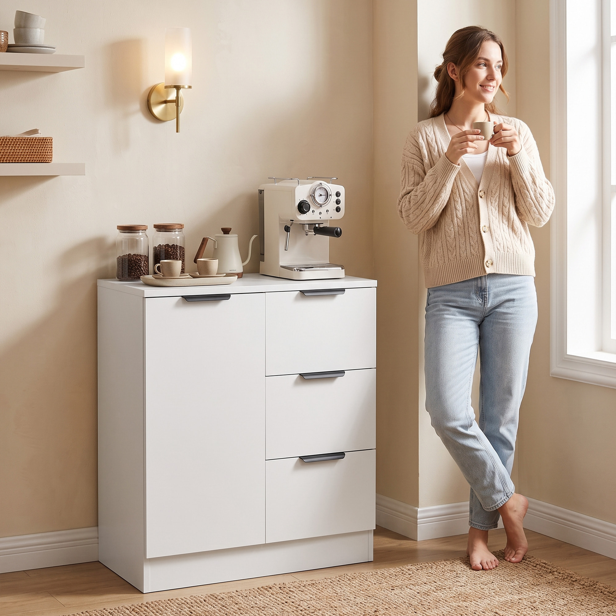 HOMCOM Aparador, Aparador de Salón Estrecho con 3 Cajones y Puerta de Cierre Suave, Armario de Cocina de Almacenaje Moderno, para Entrada, Comedor, 60x30x70 cm, Blanco