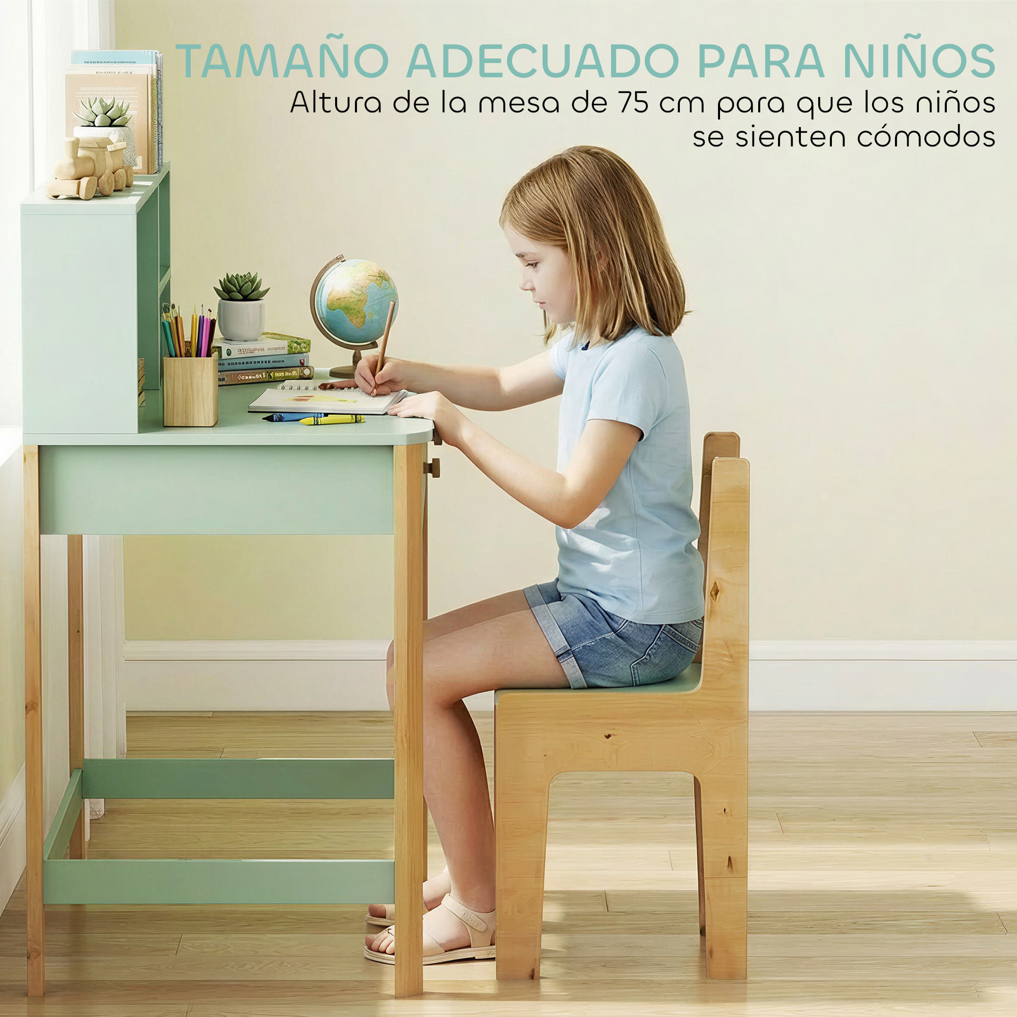 Escritorio Infantil, Mesa de Escritorio para Niños con 3 Compartimentos Abiertos y 2 Cajones, Patas de Madera, para Estudio, Entrada, Dormitorio, para Niños de 5-12 Años, 90x52x105 cm, Verde
