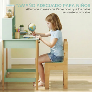 Escritorio Infantil, Mesa de Escritorio para Niños con 3 Compartimentos Abiertos y 2 Cajones, Patas de Madera, para Estudio, Entrada, Dormitorio, para Niños de 5-12 Años, 90x52x105 cm, Verde