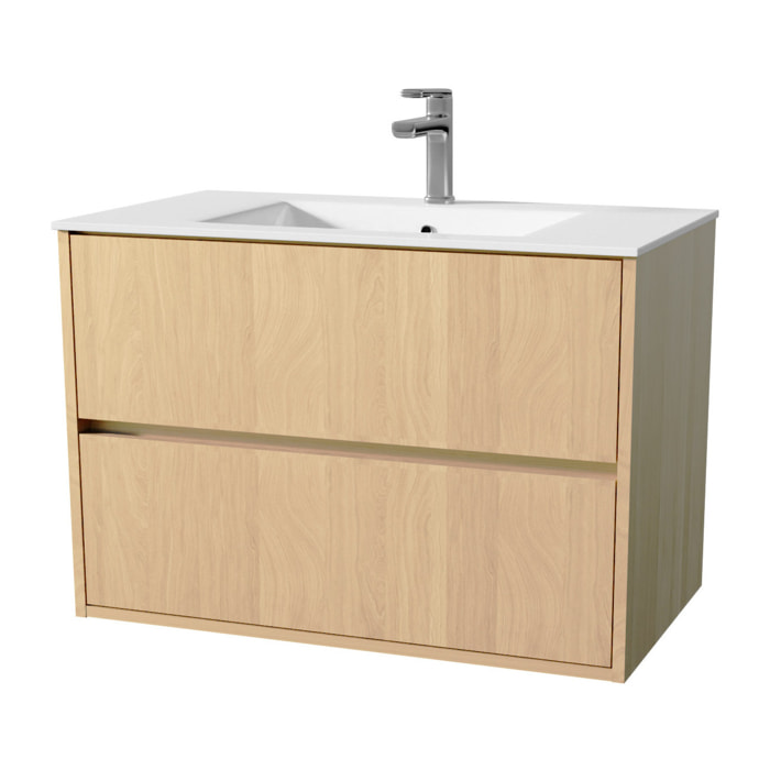 Pack Meuble Salle de Bains 80 cm Chêne Clair, 2 tiroirs avec Vasque Céramique - XENOS